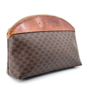 CELINE Pouch Clutch Bag Macadam Brown Leather PVC Authentic - Picture 1 of 18
