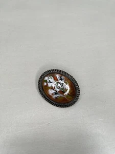 Vintage Enamel On Copper Oval Brooch Pin Abstract Flowers Floral Design - Picture 1 of 5