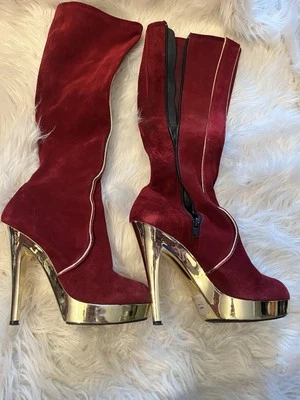 the wild pair tina 2 Burgundy and gold boots vintage 70's 5 in heels size 38 8 - Image 1 of 4
