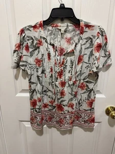 Lucky Brand Top Womens M White Floral Blouse Tie Neck Flutter Sleeve Pullover - Picture 1 of 9