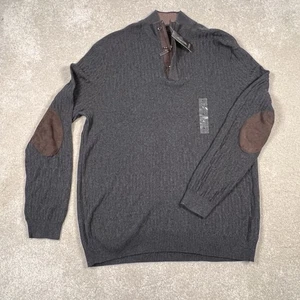 Tasso Elba NWT Gray Quarter Zip Elbow Patches Button Neck Cotton Sweater Men's L - Picture 1 of 11