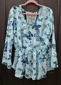 Womens Blouse Unbranded XL Sheer Blue With Beautiful Butterflies Bell Sleeves - Picture 1 of 6