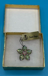 Vintage Premier Design Costume Rhinestone Green Pink Flower Pendant 1 1/4” - Picture 1 of 6