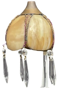 Vintage Slag Glass Tulip 5 Panel Lamp Shade with Crystal U Drops & Brass Accents - Picture 1 of 17
