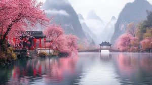 Canvas Art Chinese Pink Lake Landscape Wall Picture Poster Print - Picture 1 of 22