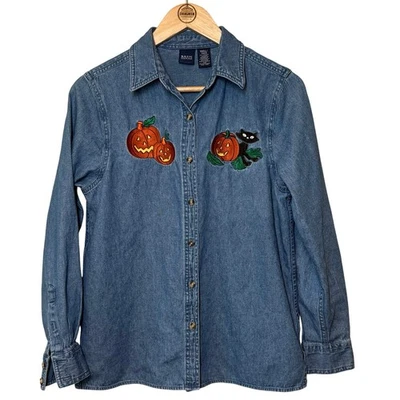 Halloween VTG Denim Shirt Jack-O-Lanterns Black Cat Embroidered Unisex Small  - Image 1 of 4