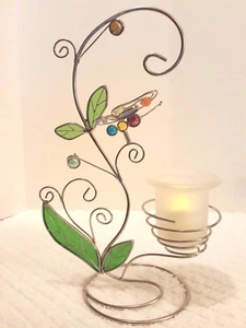 Butterfly Tealight Candle Holder Scrolling Silver Metal Stained Glass Marbles 13 - Picture 1 of 12