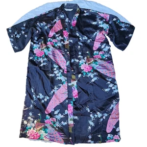 Singapore Silk Collection Floral Peacoxk Print Black Kimono Robe Womens One Size - Picture 1 of 6