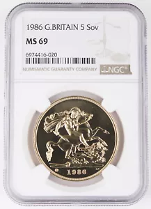 1986 5 Pound/Sovereign 40 Gram 22K Gold Coin NGC MS69 1.177 Oz AGW GEM BU - Picture 1 of 4