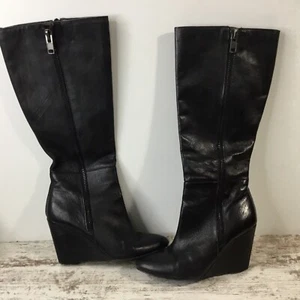 Steve Madden Womens Black Leather Wedge Tall Boots Size 8.5 Sleek Round Toe - Picture 1 of 10