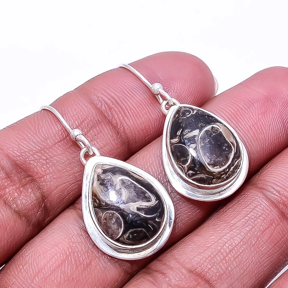 Turritella Fossil Gemstone Earring 925 Sterling Silver Handmade Jewelry - 1.50" - Image 1 of 1