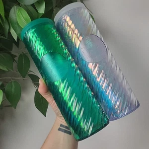 💚NEW🤍 Starbucks Iridescent Tumbler Set Green and White Unicorn Swirl Holiday - Picture 1 of 7
