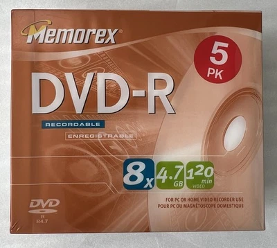 Memorex 5 Pack DVD-R With Cases 8X 4.7GB Media Recordable 120 Min. - New Sealed - Image 1 of 4