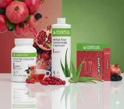 Herbalife Raspberry Tea 3.6 oz +Cranberry Aloe Pint+30 Pomegranate LiftOff Stcks - Image 1 of 4