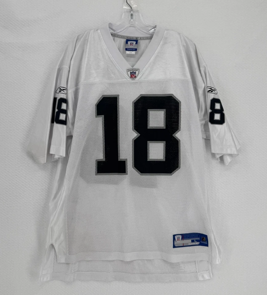NFL Oakland Raiders Reebok Equipo Sobre el Campo Randy Moss #18 Camiseta Blanca Talla L Foto 1 de 4