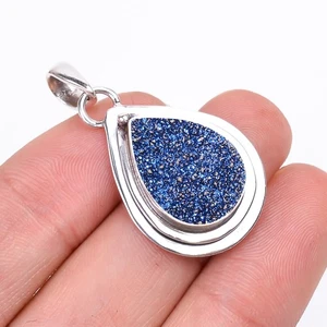 Titanium Agate Druzy Gemstone Handmade 925 Sterling Silver Jewelry Pendant - Picture 1 of 4
