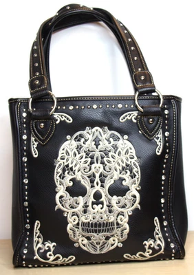 Montana West Sugar Skull Concealed Protection Black Tote Shoulder Bag Purse - Image 1 of 4