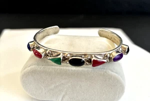Sterling Silver Cuff Bracelet with Multicolor Bezel Set Stones 26 Grams - Picture 1 of 5