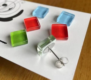Glass Square earrings 3 pairs stainless steel posts and backs blue red green - Picture 1 of 2