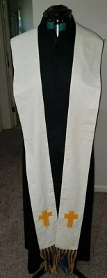 CLERGY STOLE LITURGICAL VESTMENT KHAKI COTTON CUSTOM MADE BLUE & GOLD FRINGE - Image 1 of 4