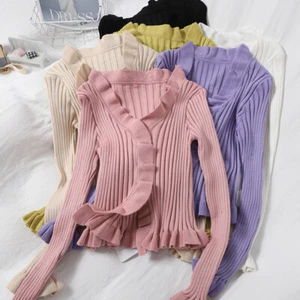 Lady Knitted Tops Sweater V-neck Long Sleeve Ruffle Frill Slim Sweet Casual Cute - Picture 1 of 16