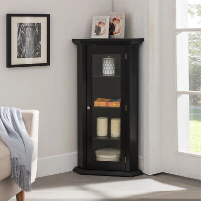 Kings Brand Furniture - Corner Curio Storage Cabinet with Glass Door, Black - Image 1 of 4