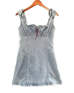 Urban Outfitters Dress Size Small Denim Jean Lace Up Mini Ruffle Stretch Cotton - Picture 1 of 10