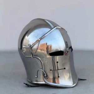 Elmetto Cavaliere Barbuta Medievale Acciaio Lucido LARP Cosplay Nuovo con Supporto - Foto 1 di 9