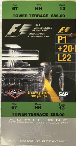 2001 Indy United States Formula One Grand Prix Full Unused Ticket Cover