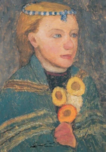 Postal: Modersohn-Becker - Niña con cadena azul blanco en el pelo / 1903 - Imagen 1 de 1