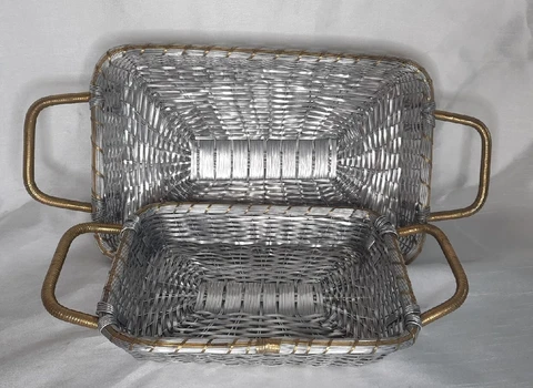 2 Vintage Woven Silver Metal Tray Serving Baskets Aluminum Brass W/ Handles Cover