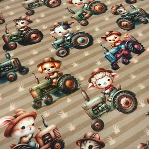 Stoff Baumwolle Jersey Streifen Traktor Trecker Hund Katze Schaf braun beige - Bild 1 von 4