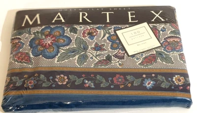 Lençol plano lacrado vintage Martex Avignon II azul-petróleo floral paisley sem ferro queen - Imagem 1 de 4