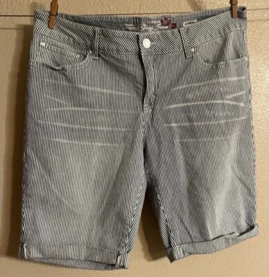 Faded Glory 14 Midrise Engineer Stripe Blue Stretch Denim Bermuda Jean Shorts - Image 1 of 4