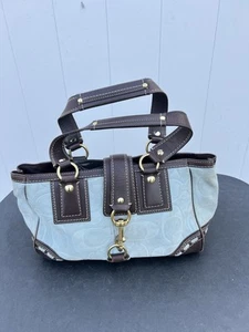 RARE Coach Soho Top Handle Suede Leather Embossed Signature C Blue Brown Handbag - Picture 1 of 24