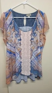 One World, Plus Sz 1x, Tunic Top, Boho Style, Lace Trim Super Cute Top - Picture 1 of 6