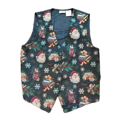 Cabin Creek Black Vest Santa Stockings Presents Snowflakes Y2K 90s Womens Size S - Image 1 of 4