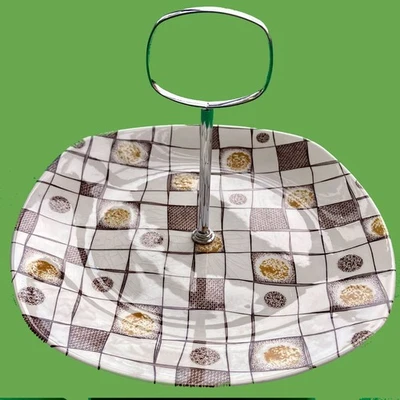 Midwinter Jessie Tait Homespun cake plate chrome TV screen handle 1950s mcm - Image 1 of 4
