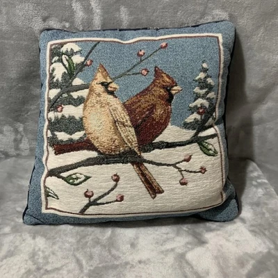 Cardinal Birds Woven Tapestry Throw Pillow Winter Snowflake Back Decor Holiday - Image 1 of 4