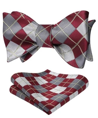 Burgundy Bow Ties for Men Check Plaid Self Tie Bow Tie and Pocket Square Classic - Image 1 of 4