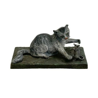 Estatuilla austriaca de bronce pintada en frío gato y ratón alrededor de 1920 Foto 1 de 4