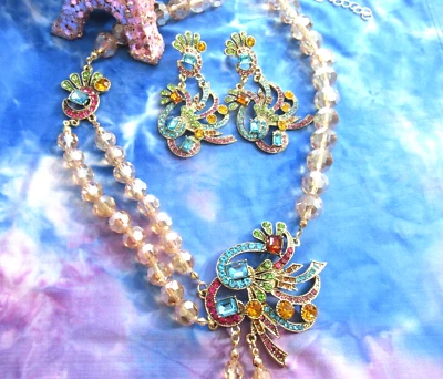 Lovely  Inspired Lucite Beaded Bird Pendant with Pierced Crystal & Earrings Set - Image 1 of 4