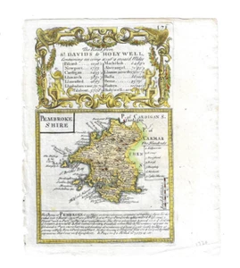 c.1720 MAP OF PEMBROKESHIRE WALES HAND-COLOURED FROM BOWLES BRITANNIA DEPICTA? - Picture 1 of 2