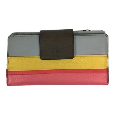 FOSSIL Colorblock Leather Wallet Credit Card Clutch Gray Peach Red & Yellow - Image 1 of 4