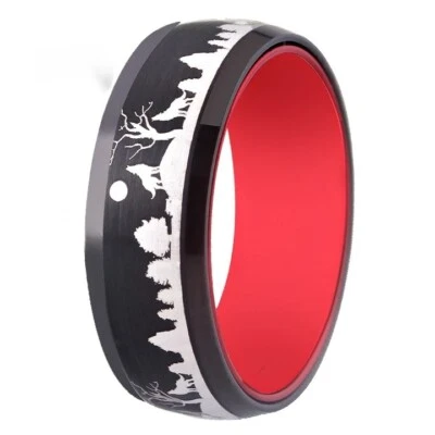 8MM Black Tungsten with Red Aluminum Wolves in Forest Engraved Tungsten Ring - Image 1 of 4