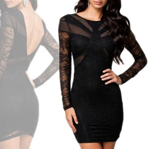 Abito pizzo nero donna vestito party vestitino cocktail miniabito maniche lunghe - Picture 1 of 4