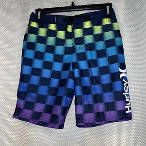 Hurley Boys Checkered Blue Green Purple Swim Board Shorts 7.5” Inseam Sz 10 - Picture 1 of 7