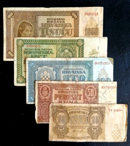 CROATIA ( 5) RARE 1941 USED BANKNOTES WW11 10/50/100/500/1000 KUNA - Picture 1 of 7