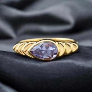 925 Sterling Silver 7x5 mm Pear Shape Natural Amethyst Ring Yellow Gold Plated - Picture 1 of 7