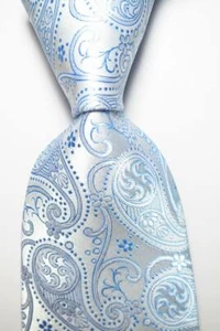 New Classic Paisley Light Blue White JACQUARD WOVEN 100% Silk Men's Tie Necktie - Picture 1 of 2